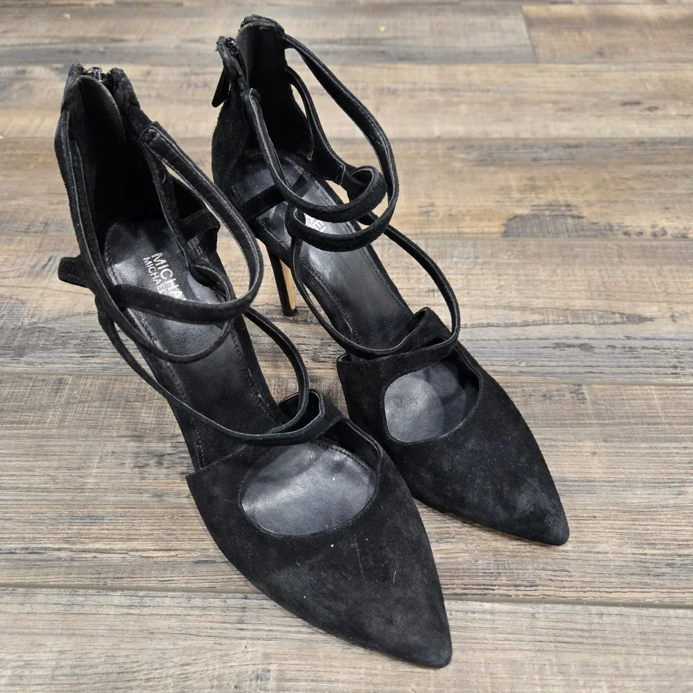 Michael Kors Black Suede Strappy Pointed Toe Pumps Stiletto Heels Size 8 Classic